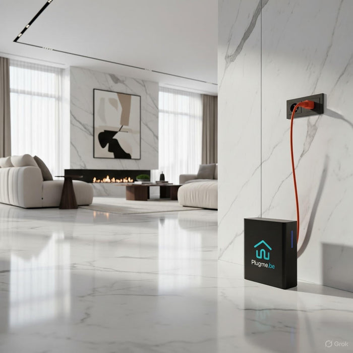 plugin batterij van Plugme.be in een ruime luxueuze marmeren living met grote meubels, stekkerbatterij